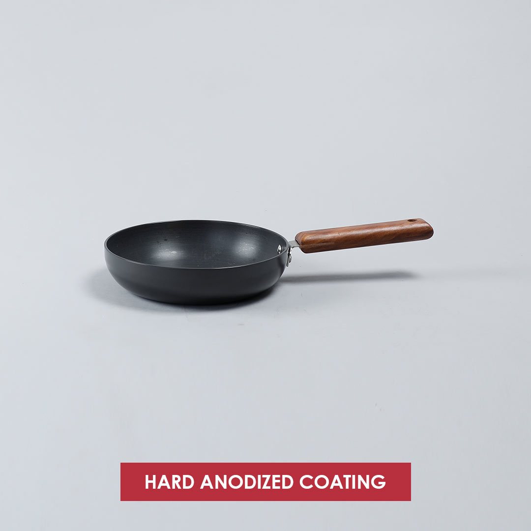 Ebony 16.5 cm Deep Fry Pan, Induction Bottom, Wooden Handle, Hard Anodized Aluminium, 1.2 L, 3.25 mm, 5 Years Warranty, Grey