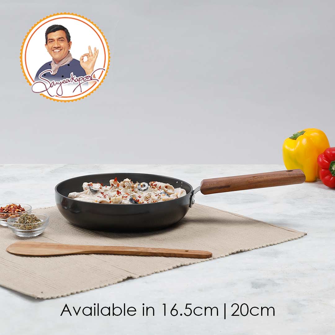 Ebony 16.5 cm Deep Fry Pan, Induction Bottom, Wooden Handle, Hard Anodized Aluminium, 1.2 L, 3.25 mm, 5 Years Warranty, Grey