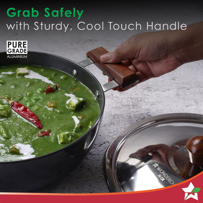 Ebony 24 cm Hard Anodized Deep Kadhai/Kadai with Lid - 3 Litre | Ideal for Sauteeing veggies, Dal and Curries | Black