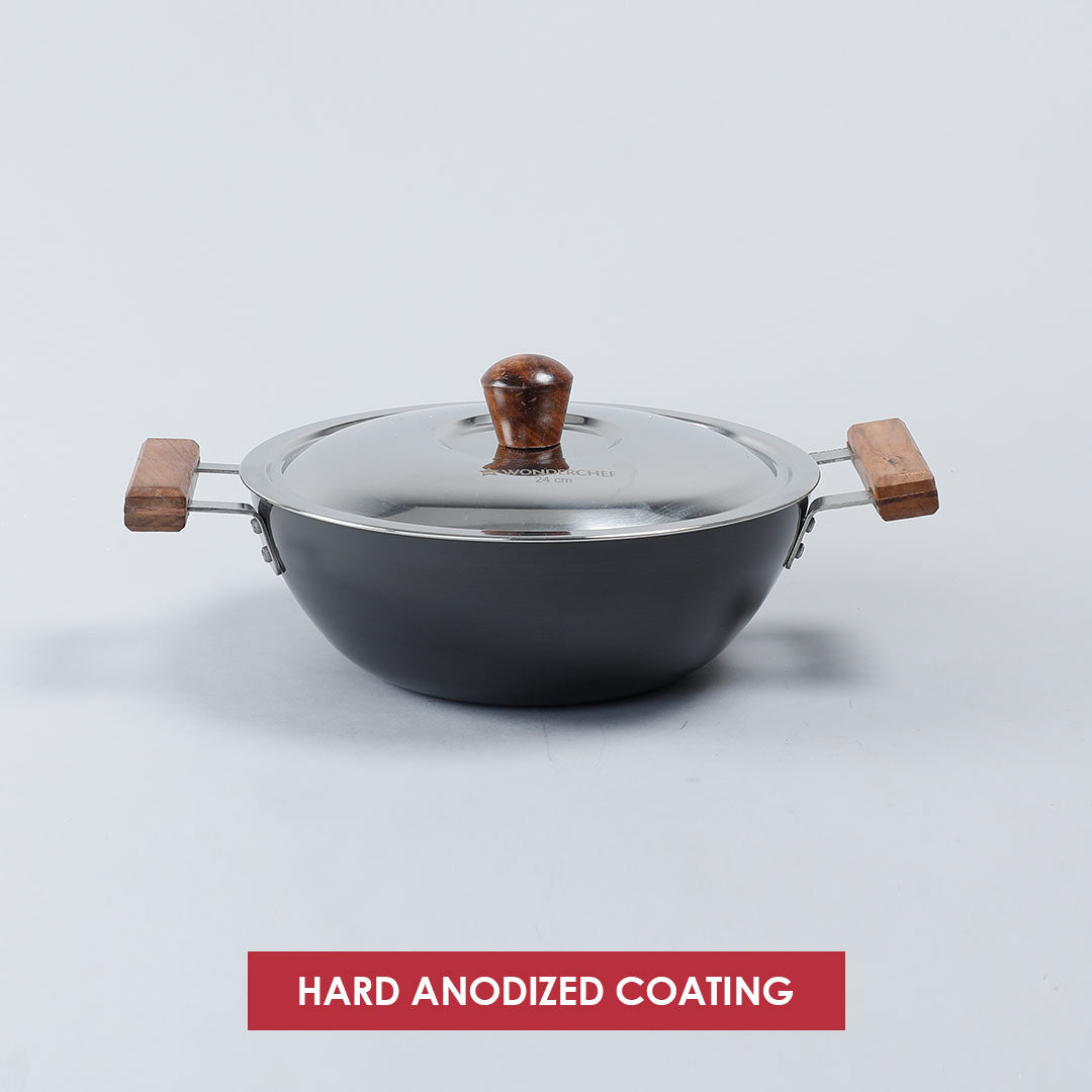 Ebony Hard Anodized 24 cm Wok with Lid 2.7 L | Ideal for Biryani, Pulao | Black