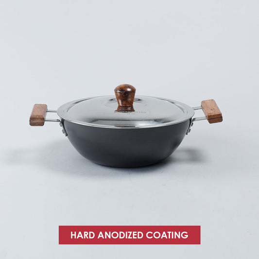 Ebony Hard Anodized 24 cm Wok with Lid 2.7 L | Ideal for Biryani, Pulao | Black