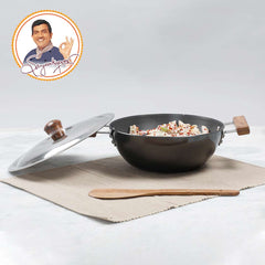 Ebony Hard Anodized 24 cm Wok with Lid 2.7 L | Ideal for Biryani, Pulao | Black
