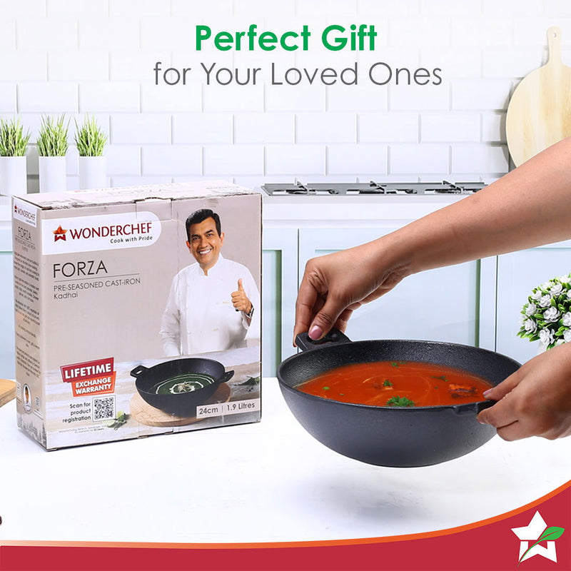 Forza 24 cm Cast-iron Kadhai, Pre-Seasoned Cookware, Induction Friendly, 1.9L, 3.8mm
