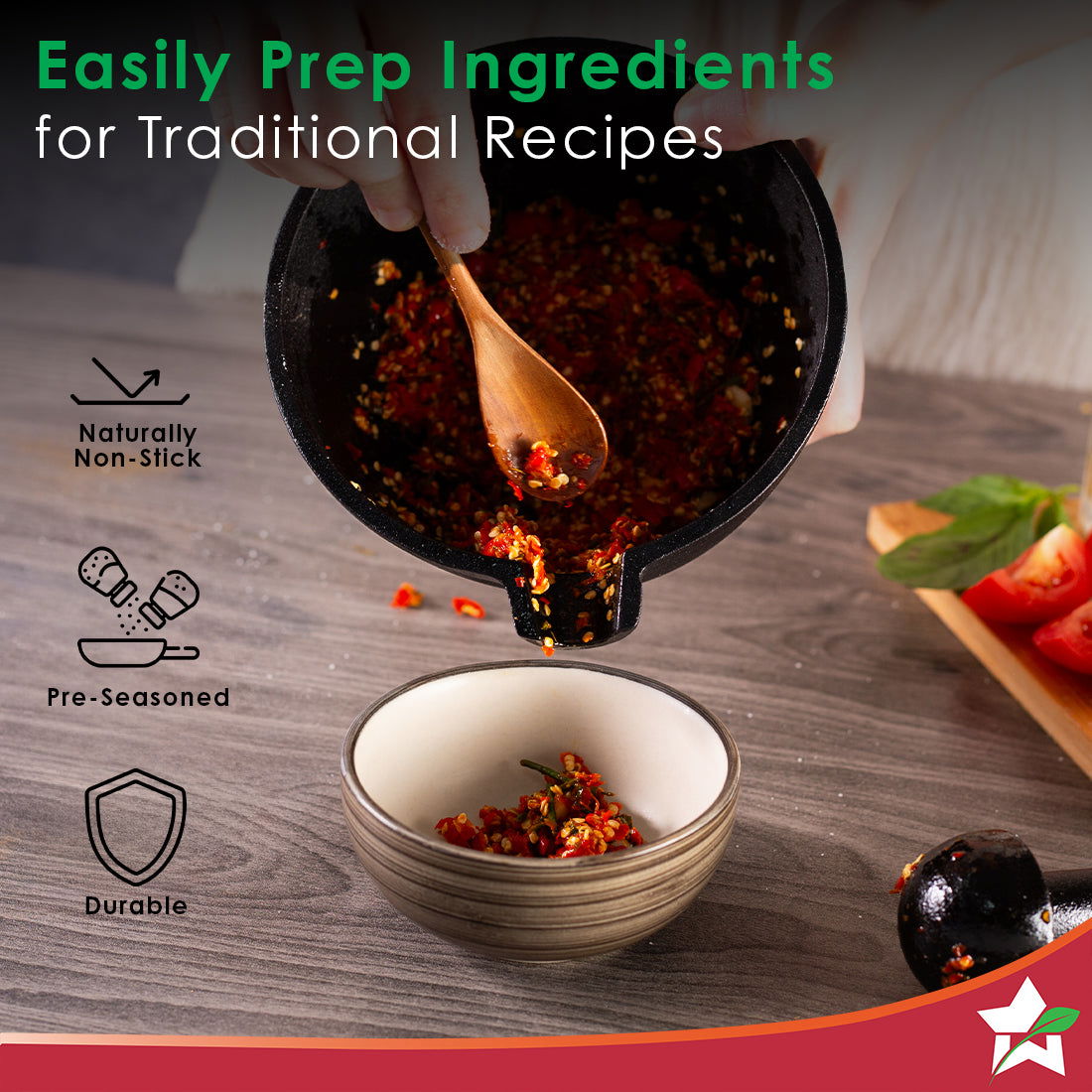 Wonderchef Forza pre-seasoned cast-iron mortar & pestle