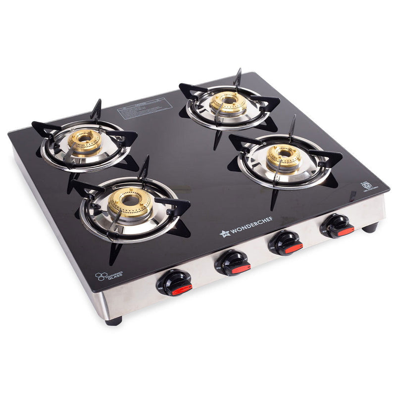 Wonderchef Galaxy 4 Burner Gas Stove | 2 Medium, 2 Small Wide Spaced Burners | Highly Efficient Tri-pin Brass Burners | 