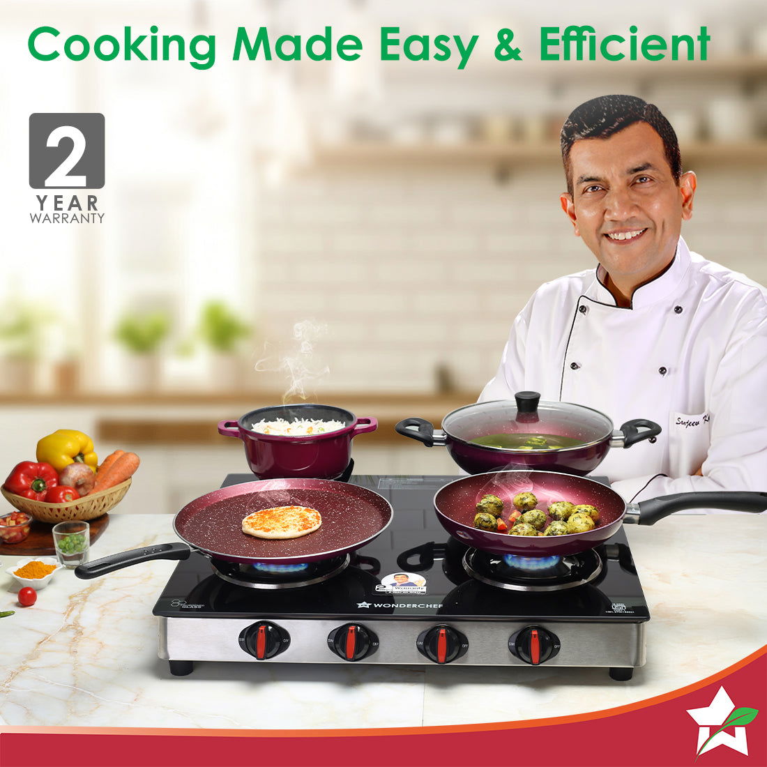 Wonderchef Galaxy 4 Burner Gas Stove | 2 Medium, 2 Small Wide Spaced Burners | Highly Efficient Tri-pin Brass Burners | 