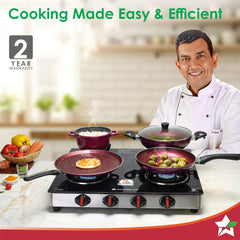 Wonderchef Galaxy 4 Burner Gas Stove | 2 Medium, 2 Small Wide Spaced Burners | Highly Efficient Tri-pin Brass Burners | 