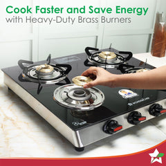 Wonderchef Galaxy 4 Burner Gas Stove | 2 Medium, 2 Small Wide Spaced Burners | Highly Efficient Tri-pin Brass Burners | 