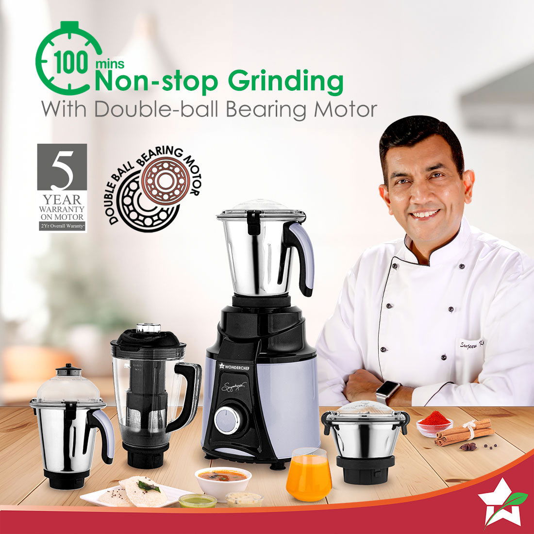 Wonderchef Galaxy Mixer Grinder 1000W | 100 Mins Non-Stop Grinding | 100% Copper Motor | Heavy Duty | Low Noise | Chutne