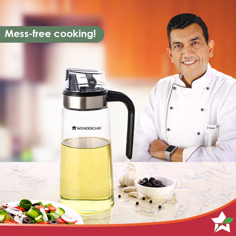 Wonderchef Glass Oil Pourer with Nozzle and Lid, For Kitchen, 600ml, Oil Container & Oil Pourer, Transparent, Air Tight,