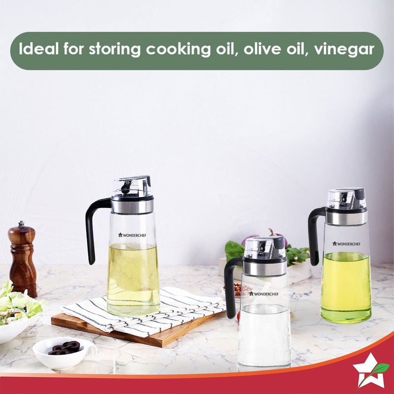 Wonderchef Glass Oil Pourer with Nozzle and Lid, For Kitchen, 600ml, Oil Container & Oil Pourer, Transparent, Air Tight,