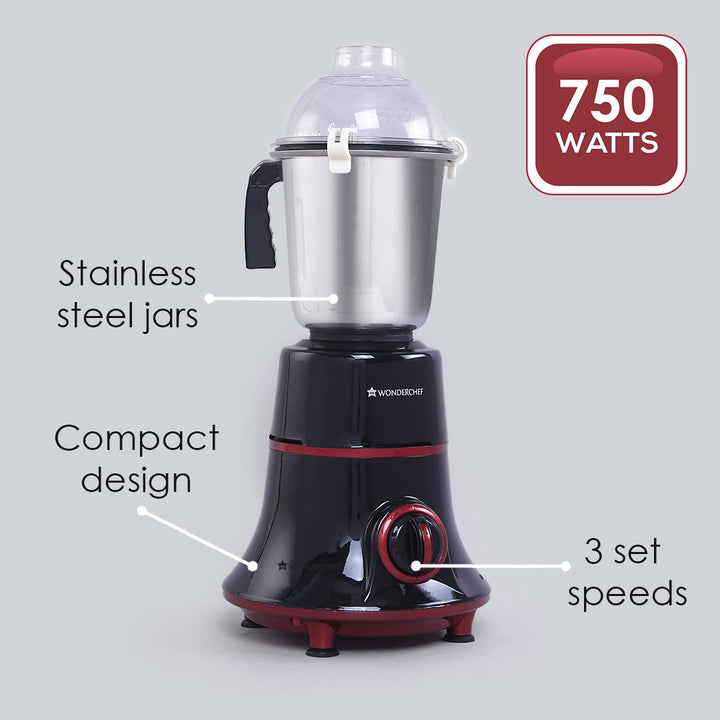 Glory Mixer Grinder, 750 W with 4 Stainless Steel Jars and Anti-rust Stainless Steel Blades, Ergonomic Handles, 5 Years Warranty on Motor