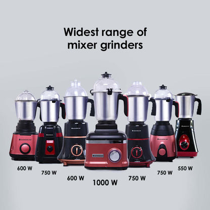 Glory Mixer Grinder, 750 W with 4 Stainless Steel Jars and Anti-rust Stainless Steel Blades, Ergonomic Handles, 5 Years Warranty on Motor