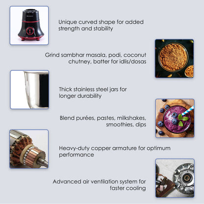 Glory Mixer Grinder, 750 W with 4 Stainless Steel Jars and Anti-rust Stainless Steel Blades, Ergonomic Handles, 5 Years Warranty on Motor