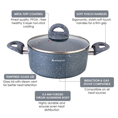 Granite 24 cm Non-Stick Casserole | Glass Lid |Induction Bottom | Soft-Touch Handles | Virgin Aluminium | PFOA and Heavy Metals Free | 3.5mm | 4 liters | 2 Year Warranty | Grey