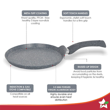 Granite 24cm Non-Stick Dosa Tawa | Induction Bottom | Soft-Touch Handles | Virgin Aluminium | PFOA/Heavy Metals Free | 3.5mm | 2 Year Warranty | Grey