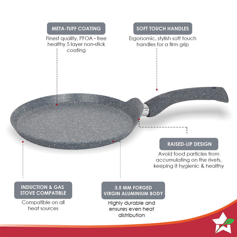 Granite 24cm Non-Stick Dosa Tawa | Induction Bottom | Soft-Touch Handles | Virgin Aluminium | PFOA/Heavy Metals Free | 3.5mm | 2 Year Warranty | Grey
