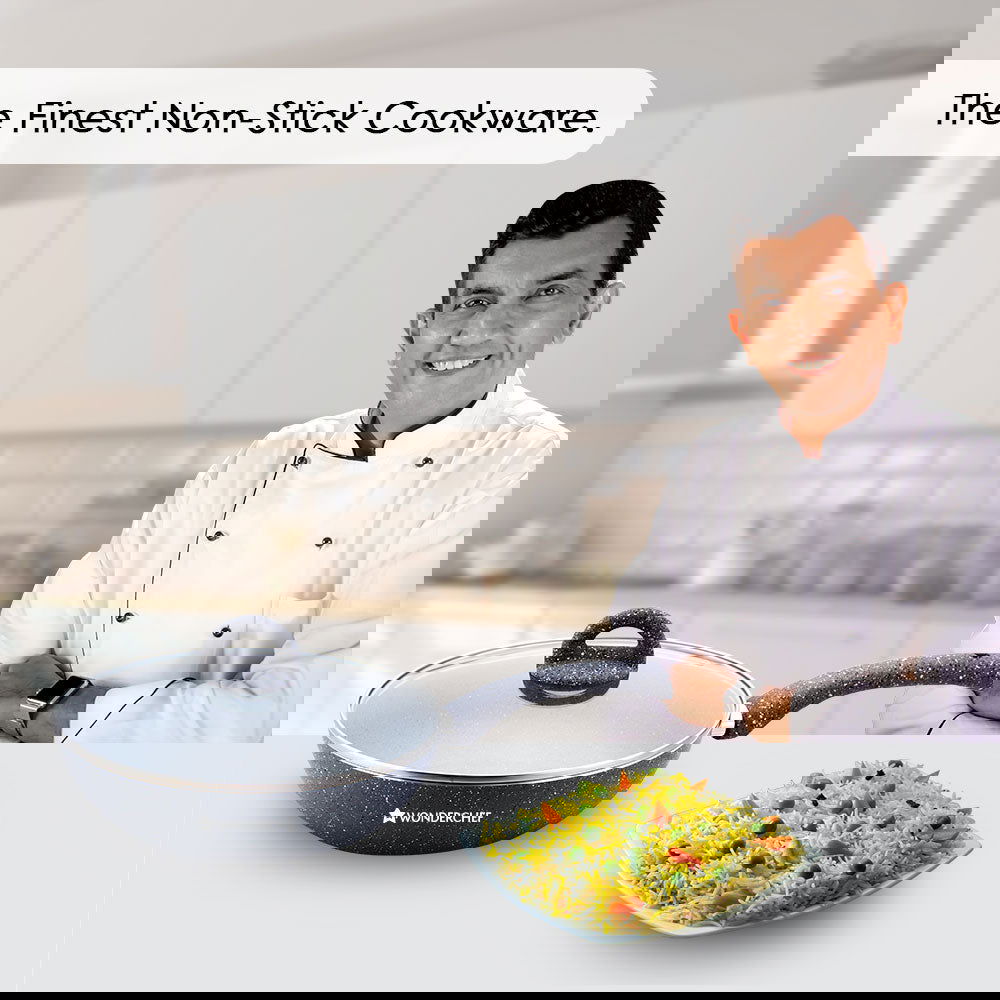 Granite 26cm Non-Stick Wok | Glass Lid | Induction Bottom | Soft-Touch Handles | Virgin Aluminium | PFOA and Heavy Metals Free | 3.5mm Thick| 26cm, 3.1 litres | 2 Year Warranty | Grey