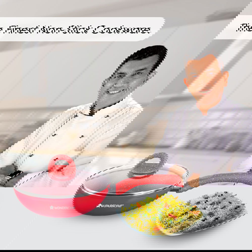 Granite Aluminium Non-stick Wok With Glass Lid, 24cm, 2.7L, 3.5mm, Red, Compatible On Hot Plate, Hobs, Gas Stove, Ceramic Plate And Induction, 2 Years Warranty