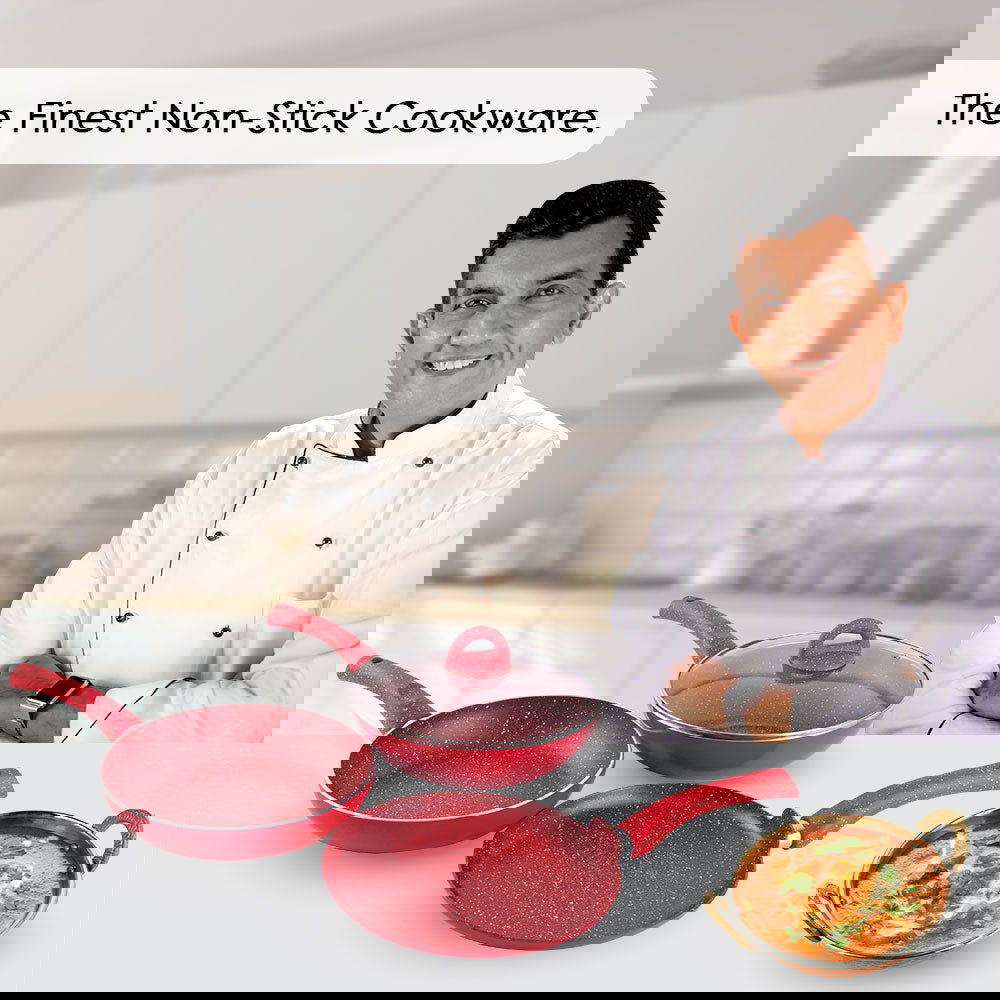 Granite Non-stick Cookware Set, 4Pc (Frying Pan With Lid, Wok, Dosa Tawa), Induction Bottom, Pure Grade Aluminium, PFOA, 3.5mm, 2 Years Warranty, Red