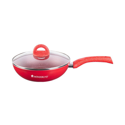 Granite Non-stick Cookware Set, 4Pc (Frying Pan With Lid, Wok, Dosa Tawa), Induction Bottom, Pure Grade Aluminium, PFOA, 3.5mm, 2 Years Warranty, Red