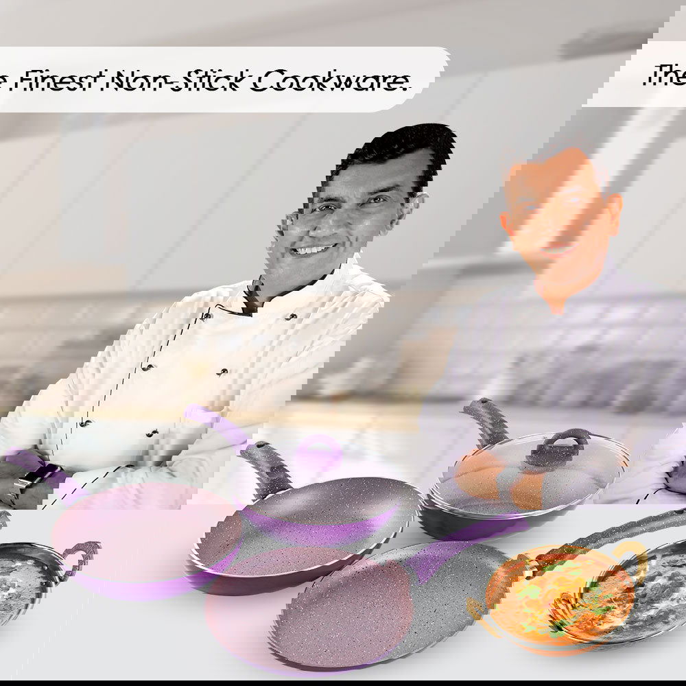 Granite Non-stick Cookware Set, 4Pc (Frying Pan With Lid, Wok, Dosa Tawa), Induction Bottom, Soft-Touch Handles, Pure Grade Aluminium, PFOA, 3.5mm, 2 Years Warranty, Purple