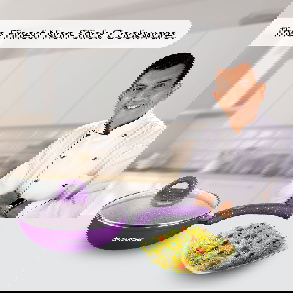 Granite Non-Stick Wok | Glass Lid | Induction Bottom | Soft-Touch Handles | Virgin Aluminium | PFOA and Heavy Metals Free | 3.5mm Thick| 24cm, 2.7 litres | 2 Year Warranty | Purple