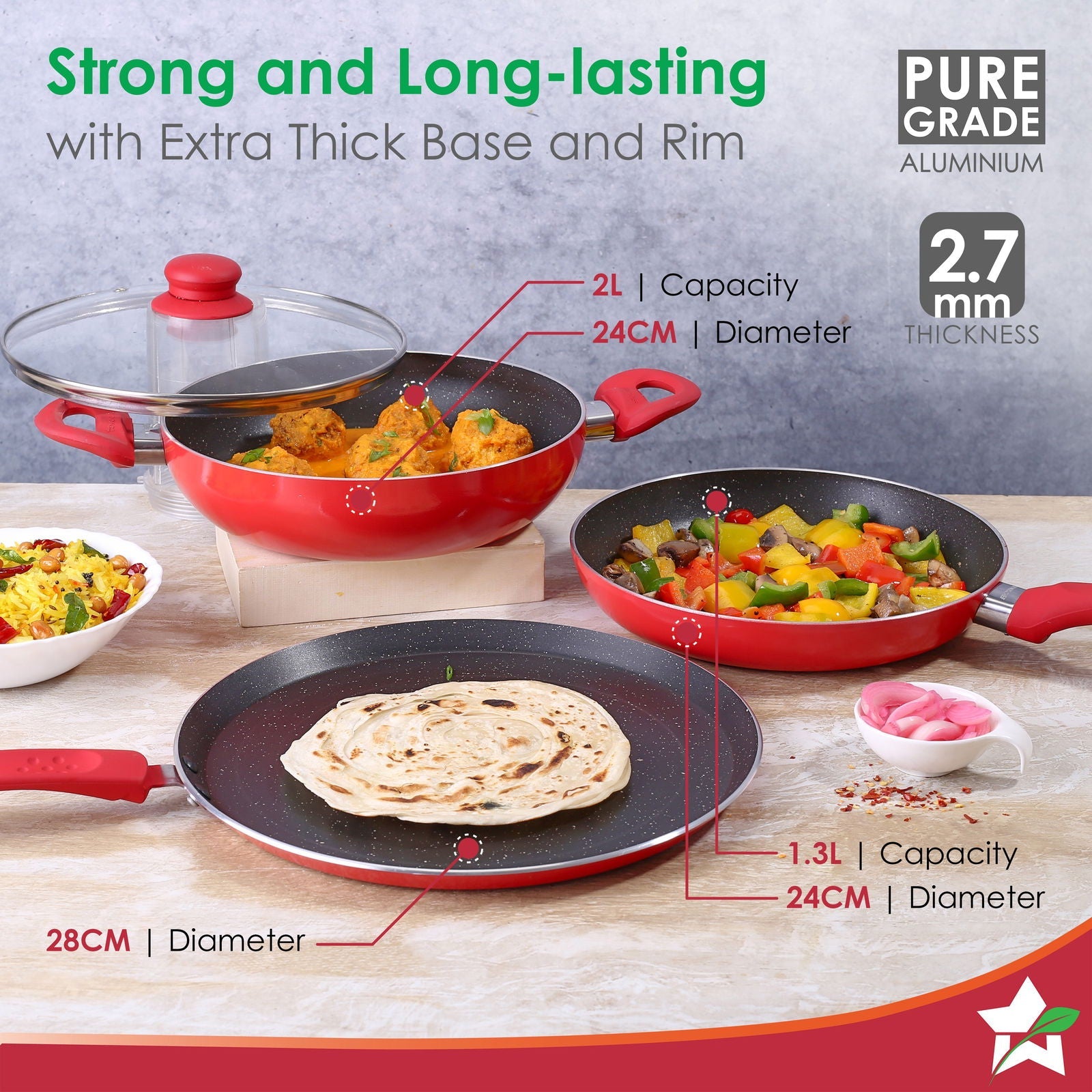 Milano Non-stick Cookware 4 Pc Set | Dosa Tawa, Fry Pan, Kadhai for cutlets, curries, dosas | PFOA Free | Virgin Aluminium | Energy Efficient | Dishwasher Safe | 2-year Warranty | Red&Black