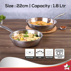 Nigella Tri-ply Stainless Steel 22 cm Fry Pan | 1.8 Litres | 2.5 mm Thickness | With Induction base | Compatible with all cooktops | Riveted Cool-Touch Handle | 10 Year Warranty