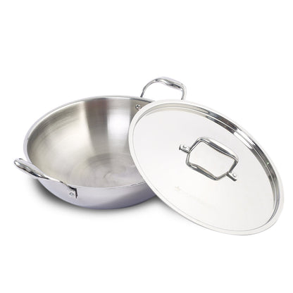 Nigella Tri-ply Stainless Steel 24 cm Kadhai with Lid | 2.2 Litres | 2.6mm Thickness | Kadhai with Induction base | Compatible with all cooktops | Riveted Cool-Touch Handle | 10 Year Warranty
