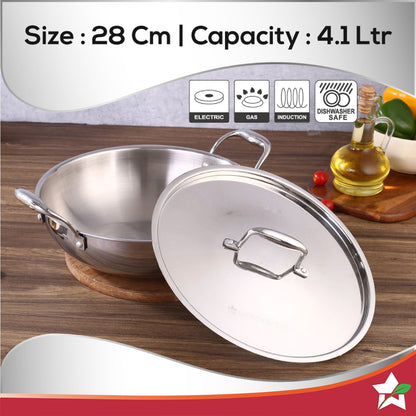 Nigella Tri-Ply Stainless Steel 28 cm Kadhai with Lid | 4.1 Litres | 2.6mm Thickness | Kadai with Induction base | Compatible with all cooktops | Riveted Cool-Touch Handle | 10 Year Warranty