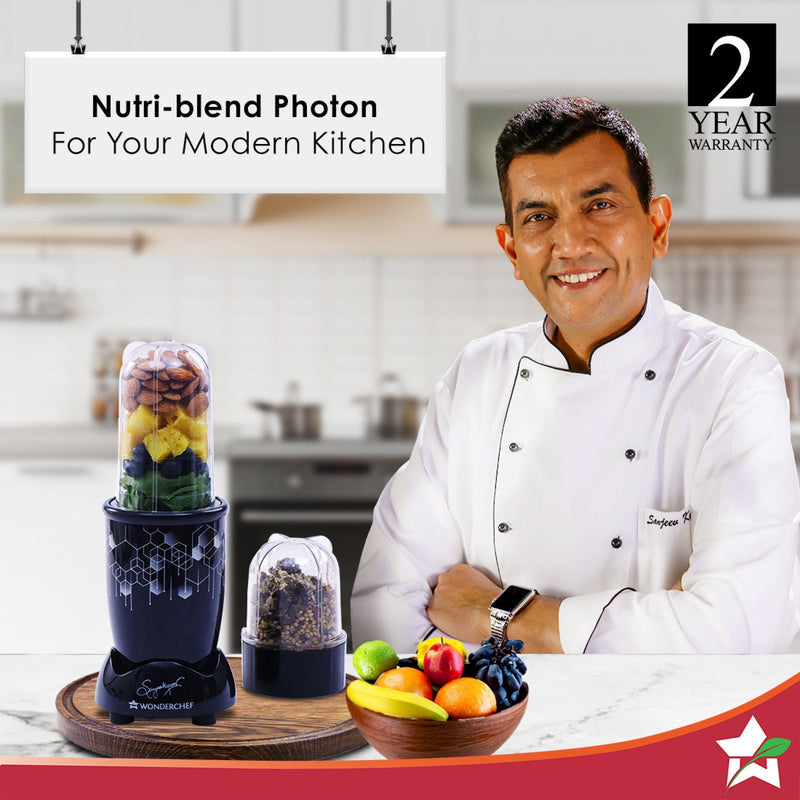 Nutri-blend Photon 400W Mixer Grinder, 22000 RPM Motor, Smoothie Maker, Masala Grinder, Chutney Blender, 3 Unbreakable Jars, Recipe Book by Chef Sanjeev Kapoor, 2 Yr Warranty, Black
