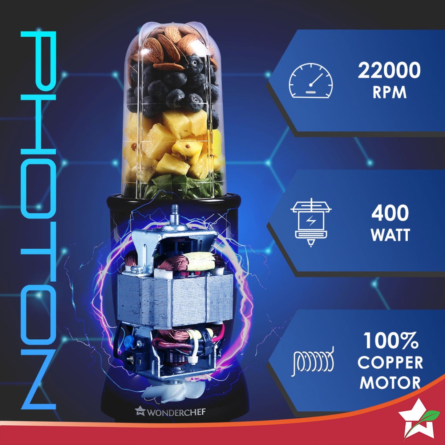 Nutri-blend Photon 400W Mixer Grinder, 22000 RPM Motor, Smoothie Maker, Masala Grinder, Chutney Blender, 3 Unbreakable Jars, Recipe Book by Chef Sanjeev Kapoor, 2 Yr Warranty, Black