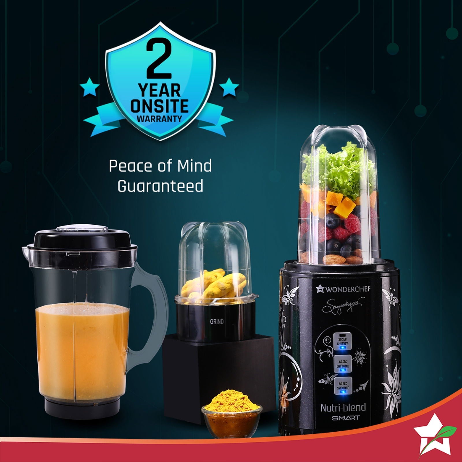 Nutri Blend Smart 3 Jar Automatic Mixer Grinder with Dual Pulse Function|22000 RPM|100% Full Copper Motor|3 Unbreakable Jars|500 W|2 Years Warranty|Recipe book by Chef Sanjeev Kapoor| Black