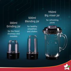 Nutri Blend Smart 3 Jar Automatic Mixer Grinder with Dual Pulse Function|22000 RPM|100% Full Copper Motor|3 Unbreakable Jars|500 W|2 Years Warranty|Recipe book by Chef Sanjeev Kapoor| Black