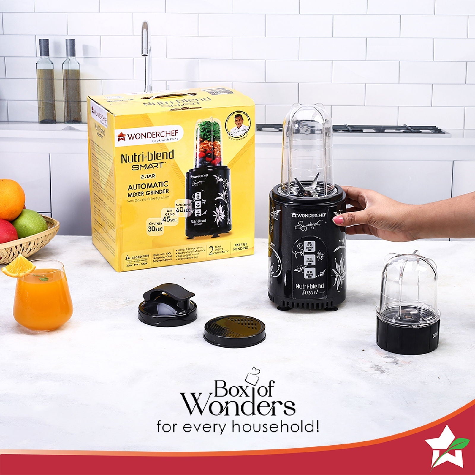 Nutri Blend Smart 3 Jar Automatic Mixer Grinder with Dual Pulse Function|22000 RPM|100% Full Copper Motor|3 Unbreakable Jars|500 W|2 Years Warranty|Recipe book by Chef Sanjeev Kapoor| Black