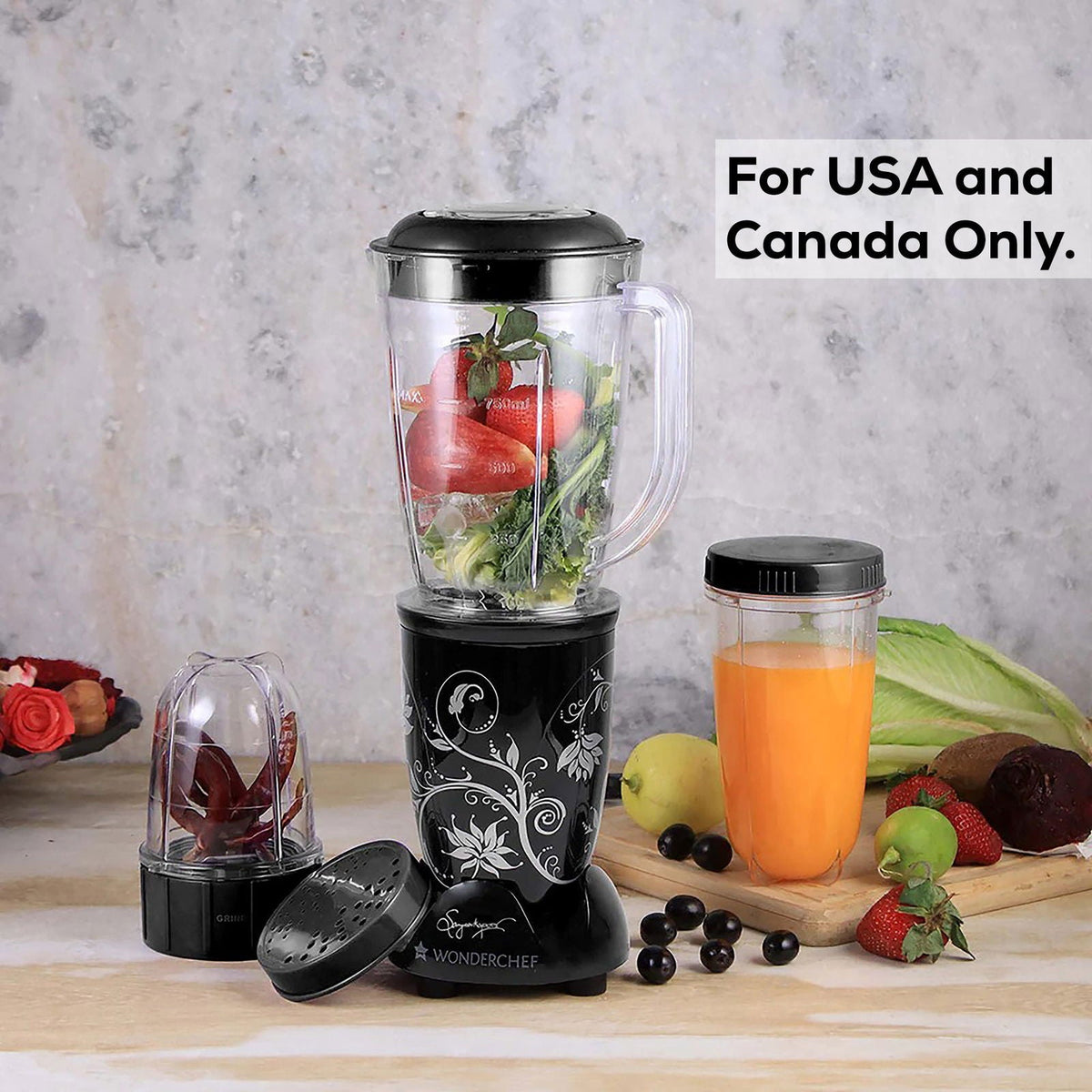 Wonderchef Nutri-blend 300W Mixer Grinder, Blender with 3 Unbreakable Jars in Black, Suitable for USA and Canada Only, S