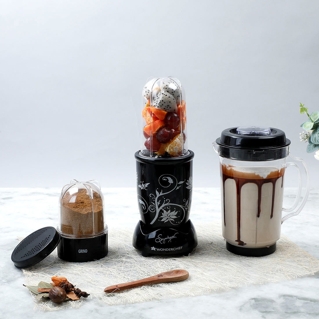 Wonderchef Nutri-blend 300W Mixer Grinder, Blender with 3 Unbreakable Jars in Black, Suitable for USA and Canada Only, S