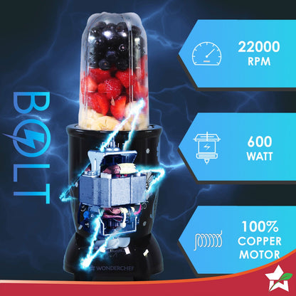 Nutri-blend BOLT Mixer, Grinder, Blender & Smoothie Maker | 600W 22000 RPM 100% Full Copper Motor | Stainless steel Blades | 2 unbreakable jars with Sipper lid | 2 Year warranty | Recipe book by Chef Sanjeev Kapoor | Black