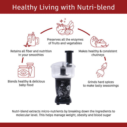 Nutri-blend BOLT-600W Mixer With Food Processor & Atta Kneader, Stronger & Swifter With Sipper Lid, 22000RPM 100% Full Copper Motor, 4 Unbreakable Jars, Sharper Steel Blades, 2 Yrs Warranty, Black, Recipe Book By Chef Sanjeev Kapoor