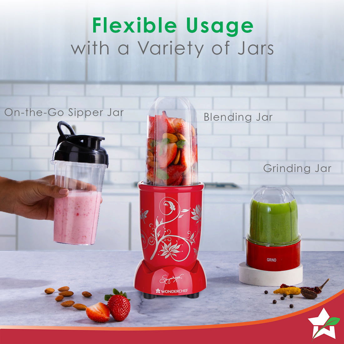 Nutri-blend 500W Mixer Grinder, 22000 RPM Motor, Smoothie Maker, Masala Grinder, Chutney Blender, 3 Unbreakable Jars & Sipper Jar, Recipe Book by Chef Sanjeev Kapoor, 2 Yr Warranty, Red