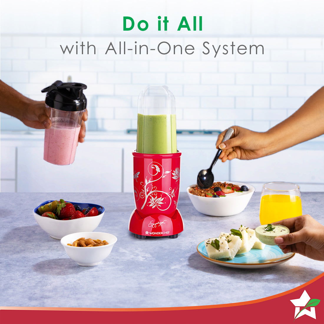 Nutri-blend 500W Mixer Grinder, 22000 RPM Motor, Smoothie Maker, Masala Grinder, Chutney Blender, 3 Unbreakable Jars & Sipper Jar, Recipe Book by Chef Sanjeev Kapoor, 2 Yr Warranty, Red