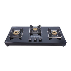 Wonderchef Octavia 3 Burner Glass Hob Top Manual Cooktop | 8mm Toughened Glass | Manual Ignition | Forged Brass Burners 