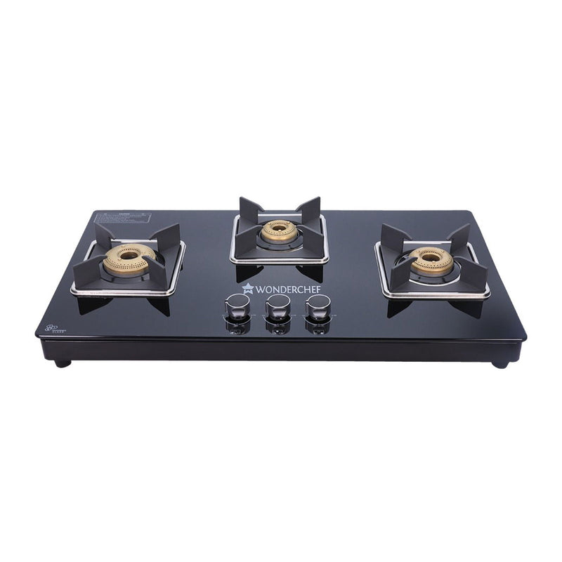 Wonderchef Octavia 3 Burner Glass Hob Top Manual Cooktop | 8mm Toughened Glass | Manual Ignition | Forged Brass Burners 