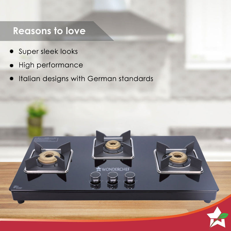 Wonderchef Octavia 3 Burner Glass Hob Top Manual Cooktop | 8mm Toughened Glass | Manual Ignition | Forged Brass Burners 
