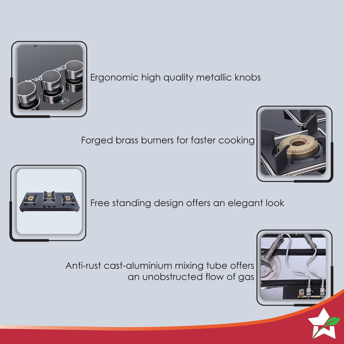 Wonderchef Octavia 3 Burner Glass Hob Top Manual Cooktop | 8mm Toughened Glass | Manual Ignition | Forged Brass Burners 