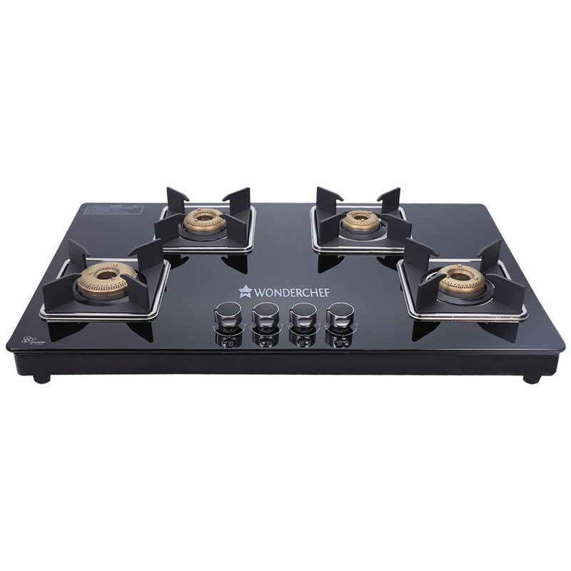 Wonderchef Octavia 4 Burner Glass Hob Top Manual Cooktop | 8mm Toughened Glass | Manual Ignition | Forged Brass Burners 