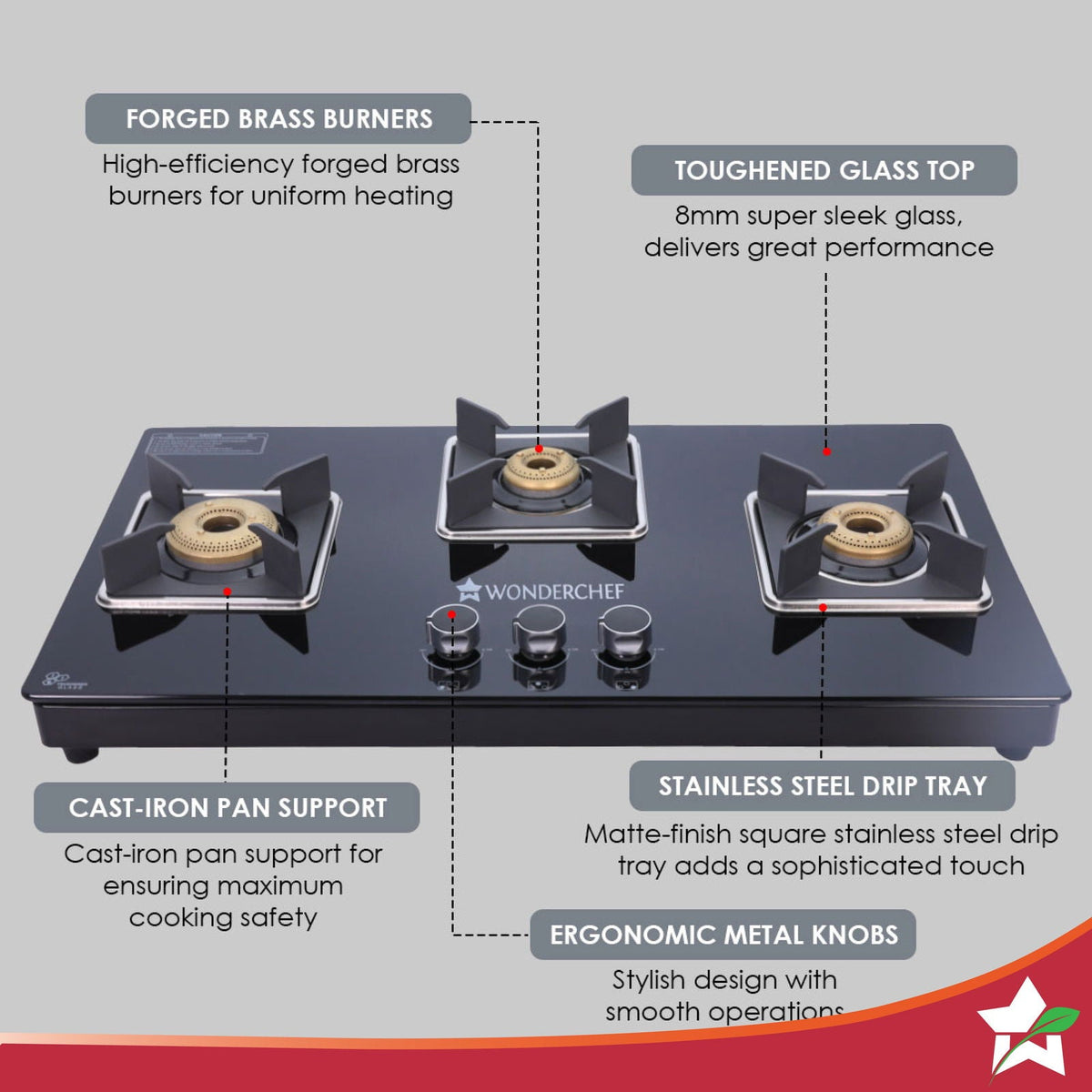 Wonderchef Octavia 4 Burner Glass Hob Top Manual Cooktop | 8mm Toughened Glass | Manual Ignition | Forged Brass Burners 