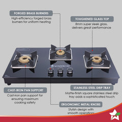 Wonderchef Octavia 4 Burner Glass Hob Top Manual Cooktop | 8mm Toughened Glass | Manual Ignition | Forged Brass Burners 
