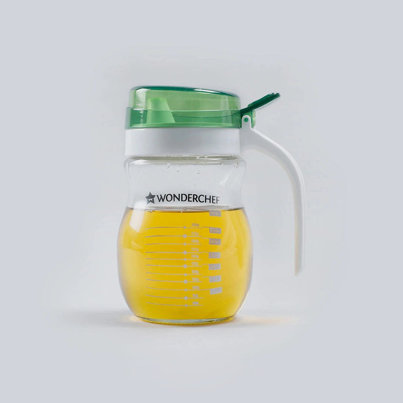 Wonderchef Oil Pourer Glass Bottle for Kitchen, Transparent Oil Pourer and Holder with Green Lid, Accurate Pouring witho